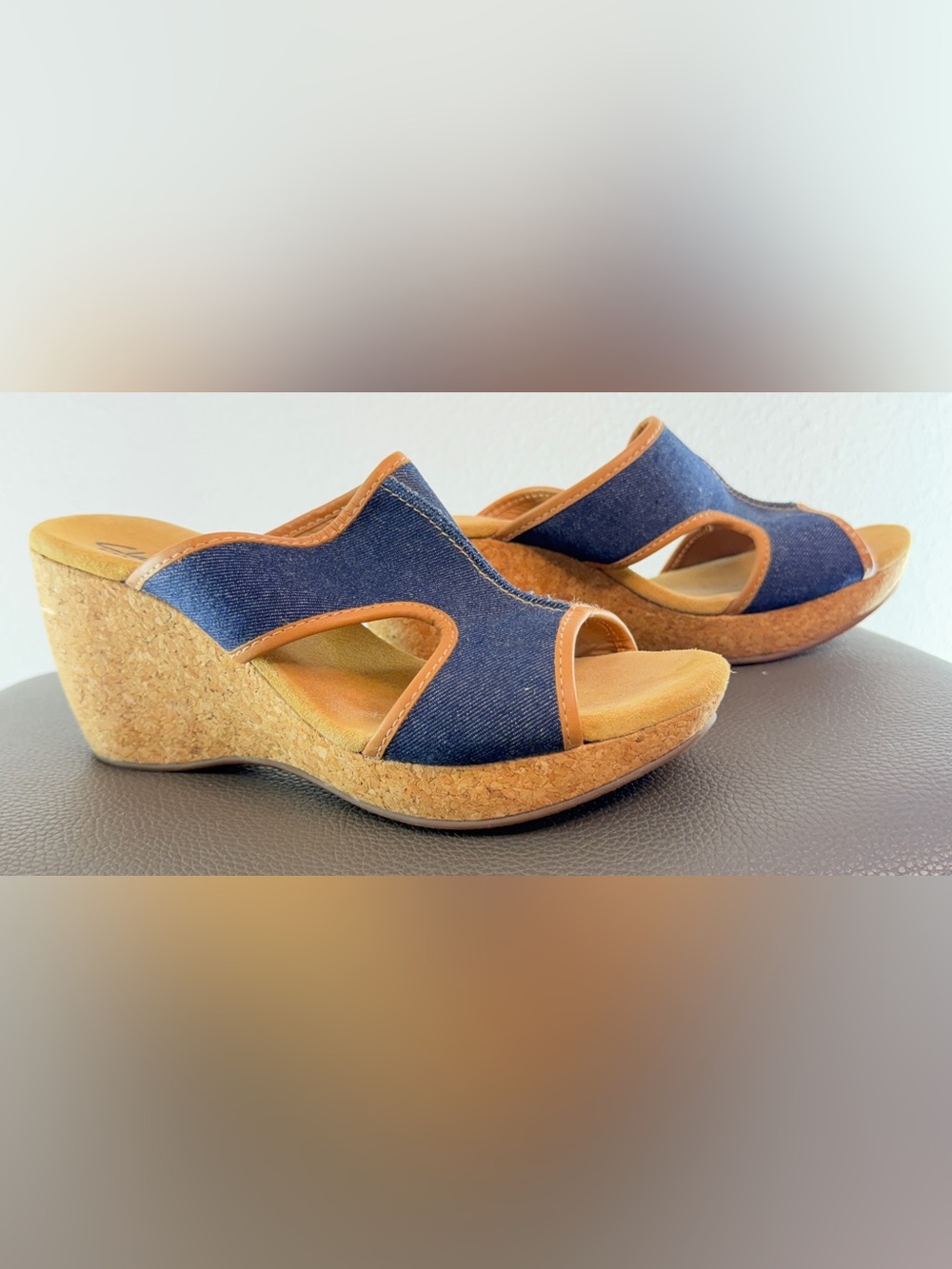 Clarks Elements Strappy Open Toe Blue Denim Platform Sandals Cork Wedge 9.5 Boho
